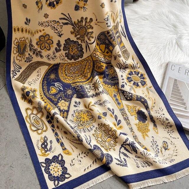 Толстый теплый зимний шарф, роскошный дизайн, принт лошади, женский кашемировый шаль из пашмины, женские шарфы с запахом, женский платок, одеяло, пончо