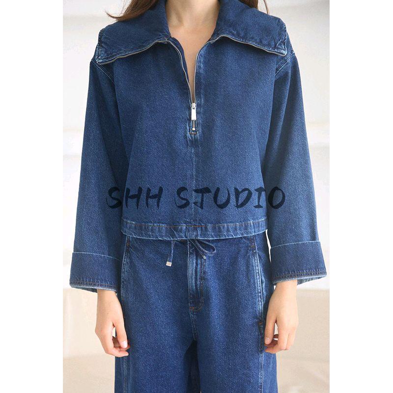 Zipper Denim Short Jacket 6147064 Cotton Tied High Waist All-Matching Jeans 6147065