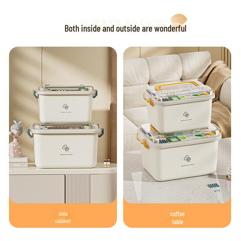 Вместительная переносная аптечка с многоуровневыми отделениями для хранения предметов первой помощи и средств экстренной помощи.