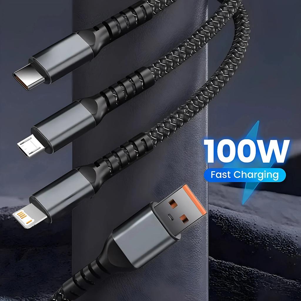 3-in-1 USB 100W 6A Fast Charger Cable Car USB To Type-C Micro LIGHTNING Cable For iPhone 16 15 14 13 Samsung Xiaomi Huawei