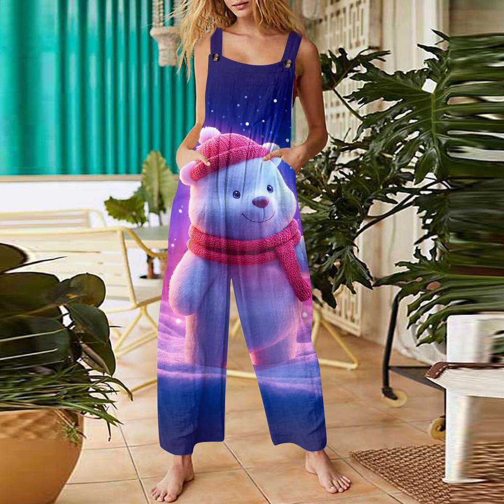 Женский повседневный комбинезон с рождественским принтом, хлопковый комбинезон без рукавов с принтом