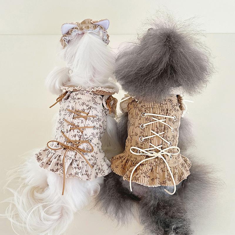 Autumn Winter Striped Lace Doll Collar Base Shirt Cute Corduroy Drawstring Vest Plush Bubble Sleeves Shoulder Strap Skirt Set