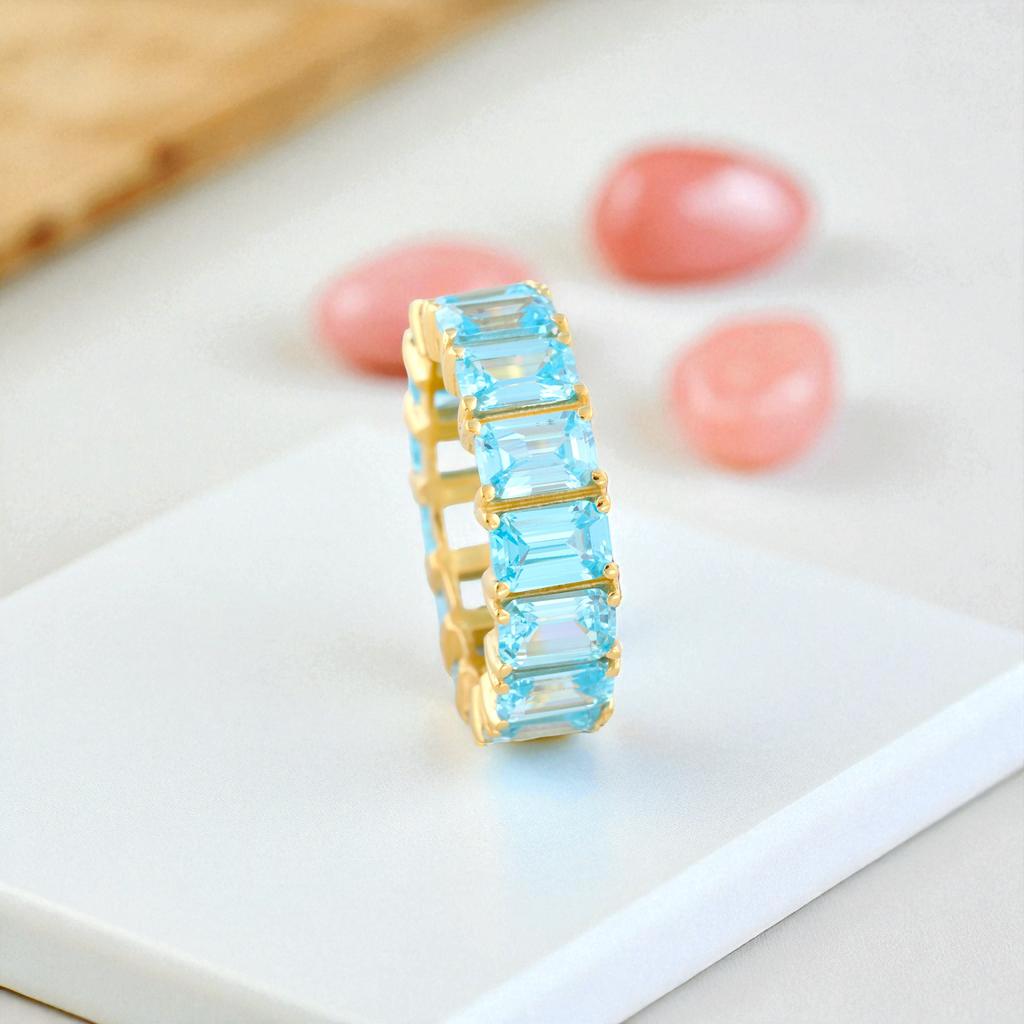 Emerald Cut Blue Topaz Eternity Wedding Band 14K Yellow Gold Plated Silver Full Eternity Ring Statement Stacking Ring