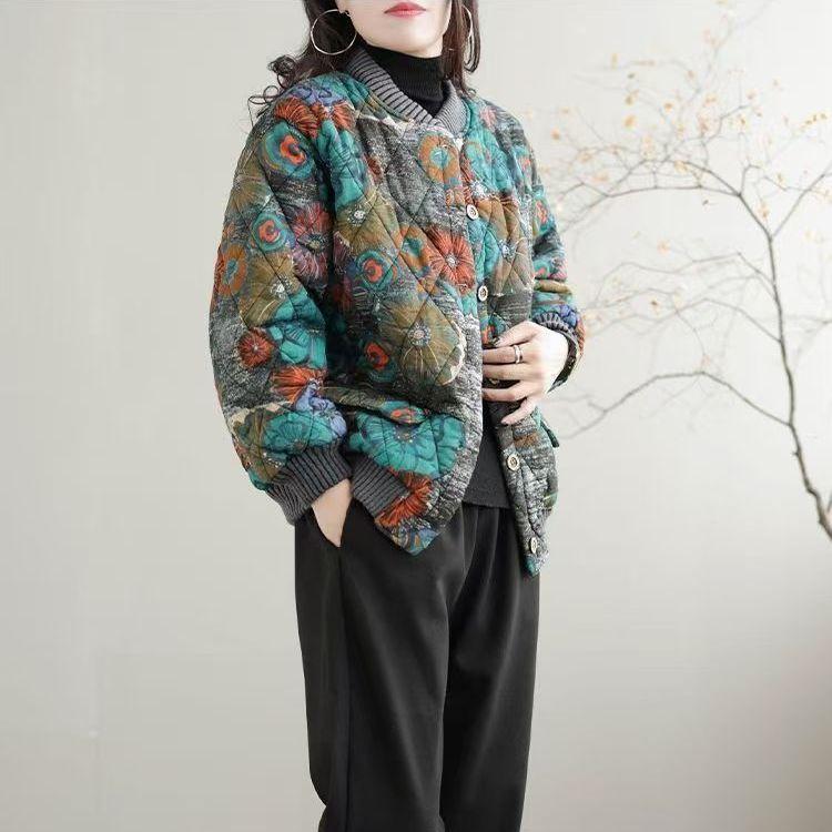 Women's Winter Loose Floral Padded Baseball Jacket Thickened Warm Cotton Coat Retro Printed