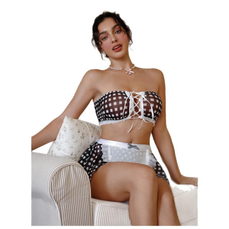 New fashionable sexy Spice Girl tube top lace mesh perspective home nightdress women's sex suit