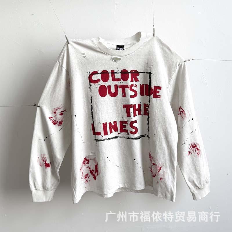 Mens Streetwear Long Sleeve T-Shirt Vintage Graffiti Print Loose Fit Teens