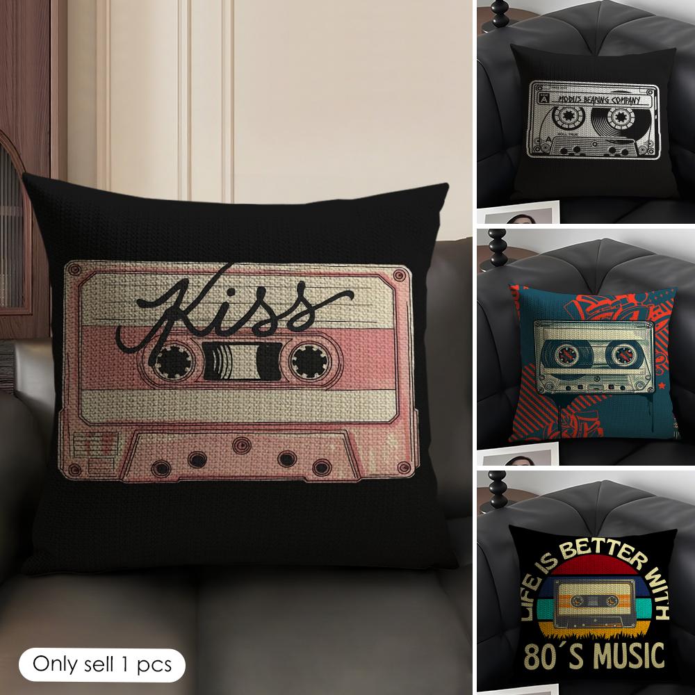 Vintage Cassette Music Tape Cushion Cover Natural Linen Organic Fabric DoubleSided Printing Sofa Home Decor Gift Pillow Case