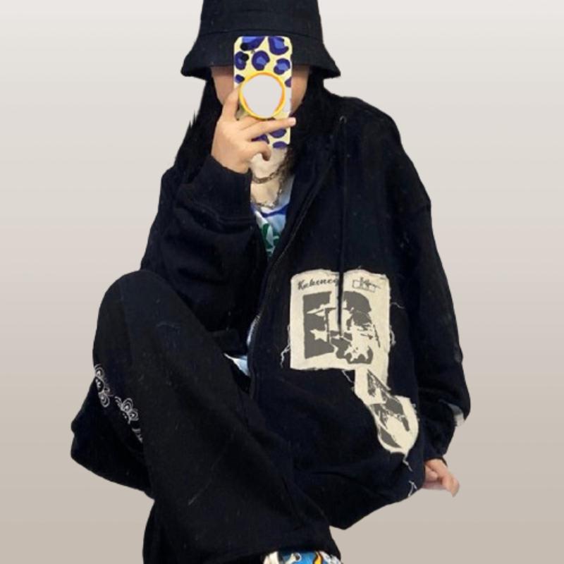 Толстовка с нашивкой из ткани в кампусном стиле, спортивный свободный кардиган с капюшоном, уличная куртка на молнии для женщин