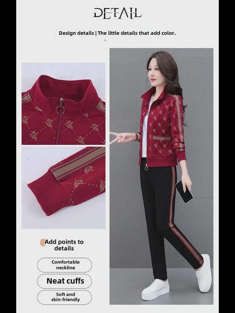 2024 Spring Women's Casual Three-Piece Contrast Color Sports Suit for Middle-Aged Mothers