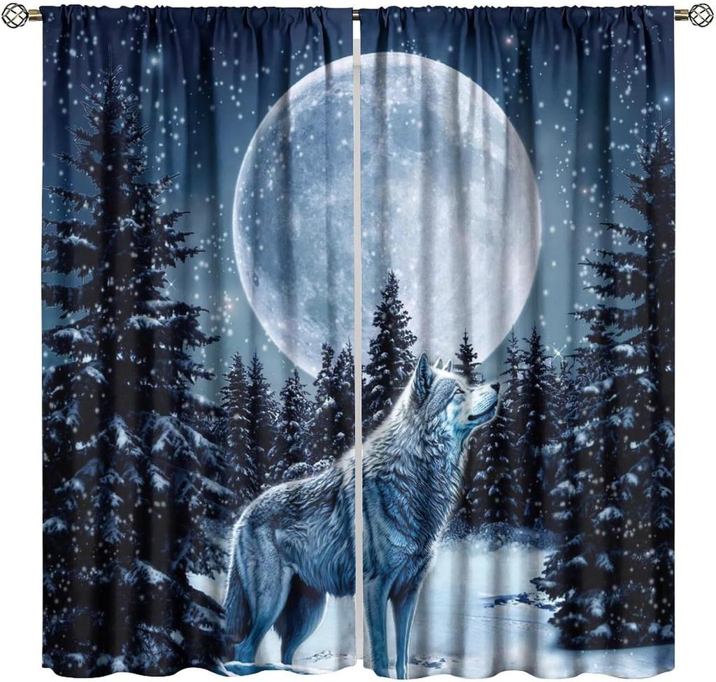 Fantastic Wolf Curtains, Dreamy Rural Winter Snowy Pine Tree Forest Glitter Galaxy Moon Wildlife Pattern Window Treatments,