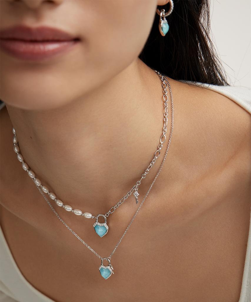 Lola Rose Heart Lock Amazonite Pendant Silver Chain Pearl Necklace