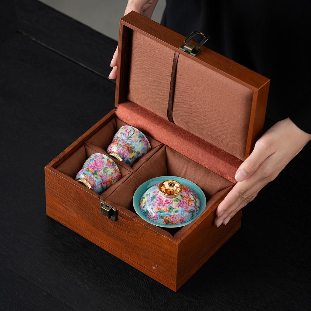 Enamel color kung fu tea set light luxury household living room teapot cover bowl drinking tea cup high-end gift box