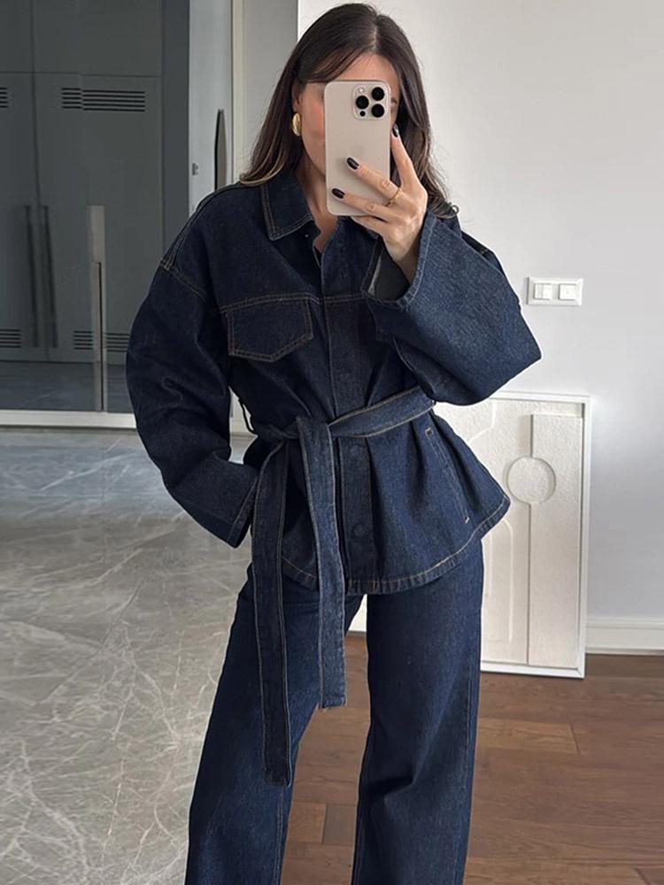 Весна/Лето 2025 Джинсовый комплект с поясом, отложным воротником и длинными рукавами