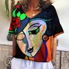New T Shirt For Women Abstract V-neck Short Sleeve Tee Casual Oil Painting Female Clothing Fashion Street Retro Women's T-shirt