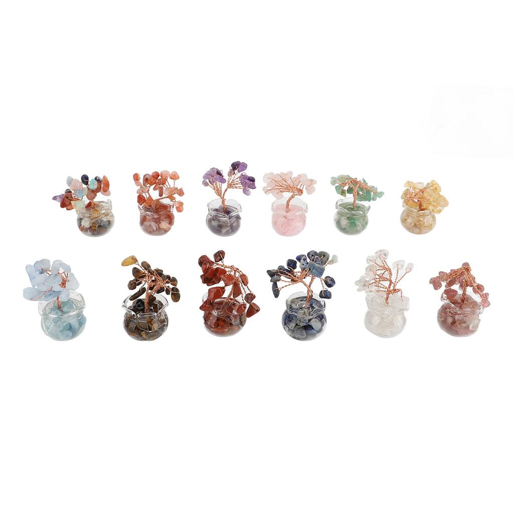 12PCS Mini Tree Figurine Crystal Leaves Glass Bowl Feng Shui Tree Ornament for Home Car Office Desk
