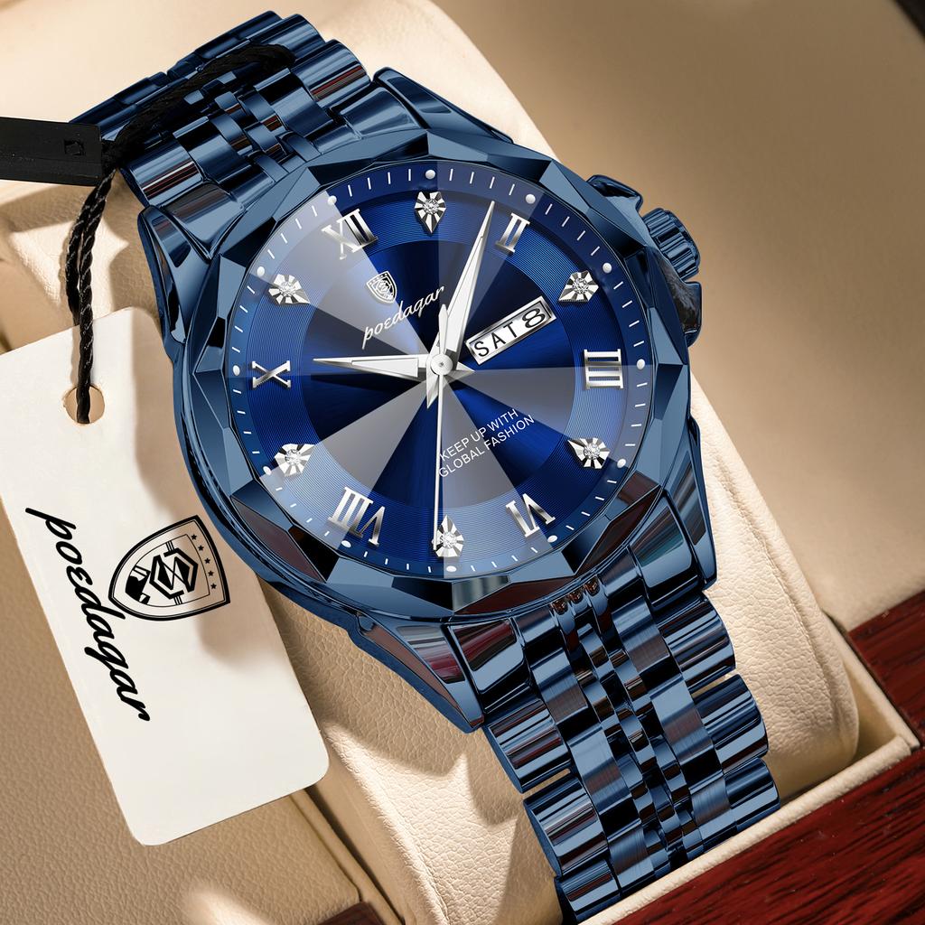 POEDAGAR Casual Fashion Men Wristwatch Luminous Waterproof Date Week Man Clock Stainless Steel High Quality Quartz Men's Watches
