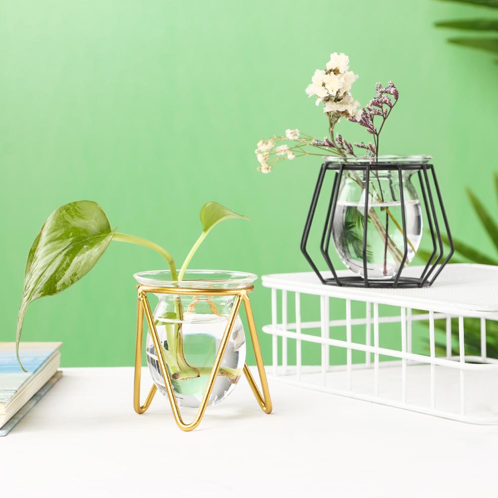 Desktop Ornament Terrarium Metal Holder Glass Planter Iron Geometric Pattern Hydroponic Vase