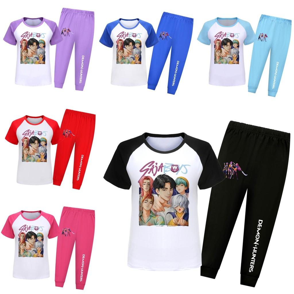 Kpop Охотники на демонов Саджа Мальчики Узор Рубашка с коротким рукавом Длинные брюки Пижамный костюм