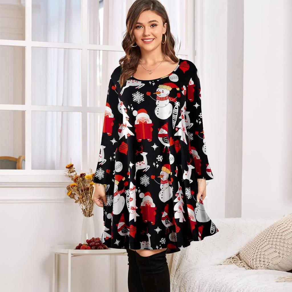 Весенне-осенние модные рождественские платья с мультяшным принтом, женское платье среднего размера с рукавами среднего размера