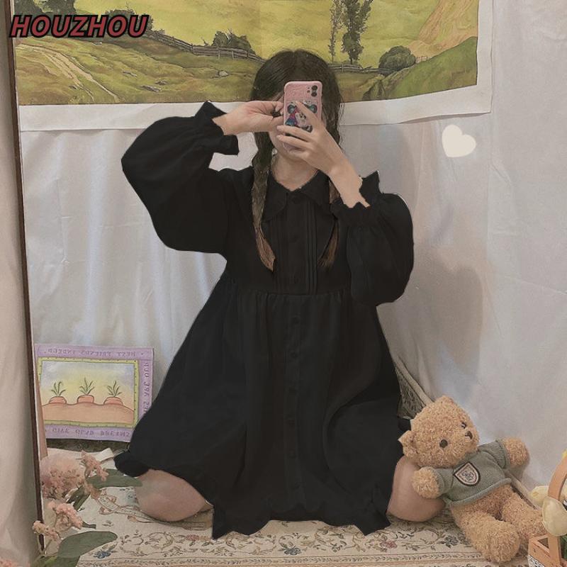 Платье Kawaii Sweet Lolita, белые платья с длинными рукавами, весна-осень, оборки, воротник Питера Пэна, свободное платье на пуговицах в консервативном стиле