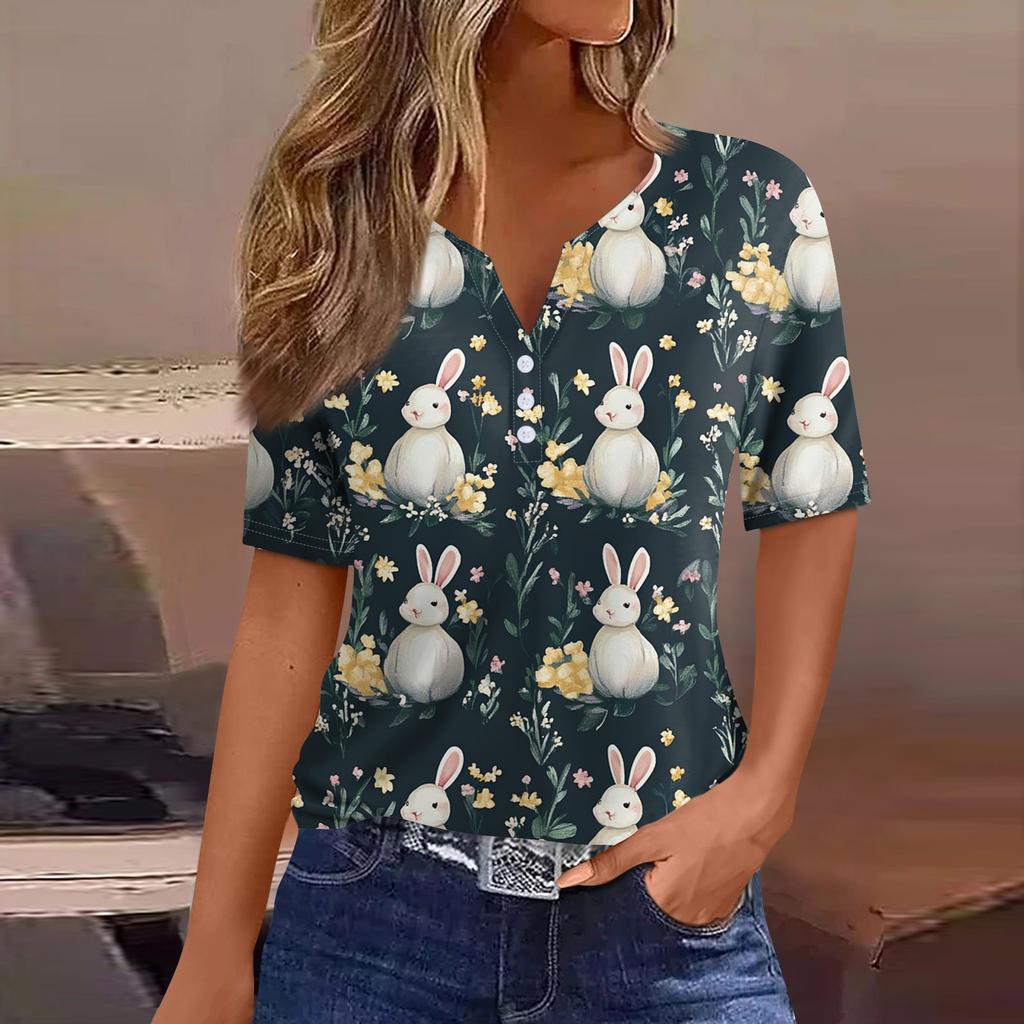 Women's T Shirt Print Button Short Sleeve Daily Weekend Fashion Basic V- Neck Regular Top