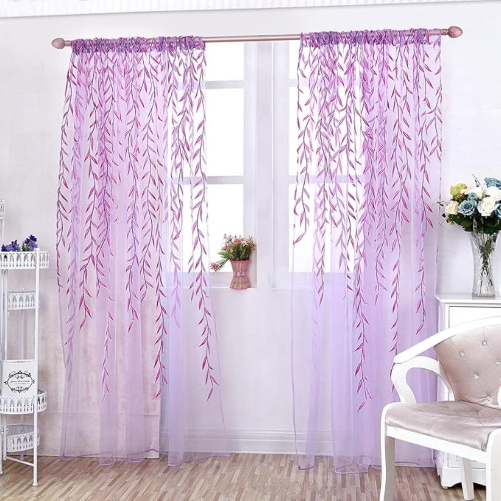 2 Pieces Voile Tulle Willow Leaf Window Curtain Room Salix Leaf Sheer Vine Drapes Curtain Willow Leaf Curtain for Living Room Bedroom Balcony