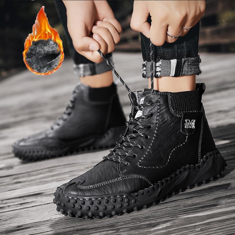 Классические зимние мужские ботинки из натуральной кожи, плюшевые теплые мужские зимние сапоги, непромокаемые уличные мужские рабочие ботинки в римском стиле, мужские мотоциклетные ботинки
