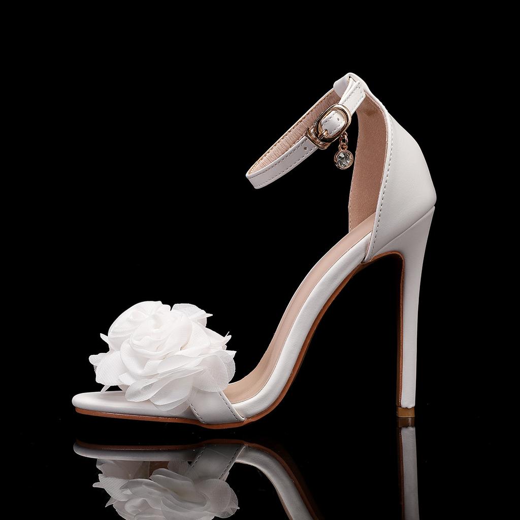 Сандалии женские на высоком каблуке с открытым носком, белые, свадебные банкетные туфли, каблук 7 см, мелкий вырез, с цветком, 43 Zapatos De Mujer