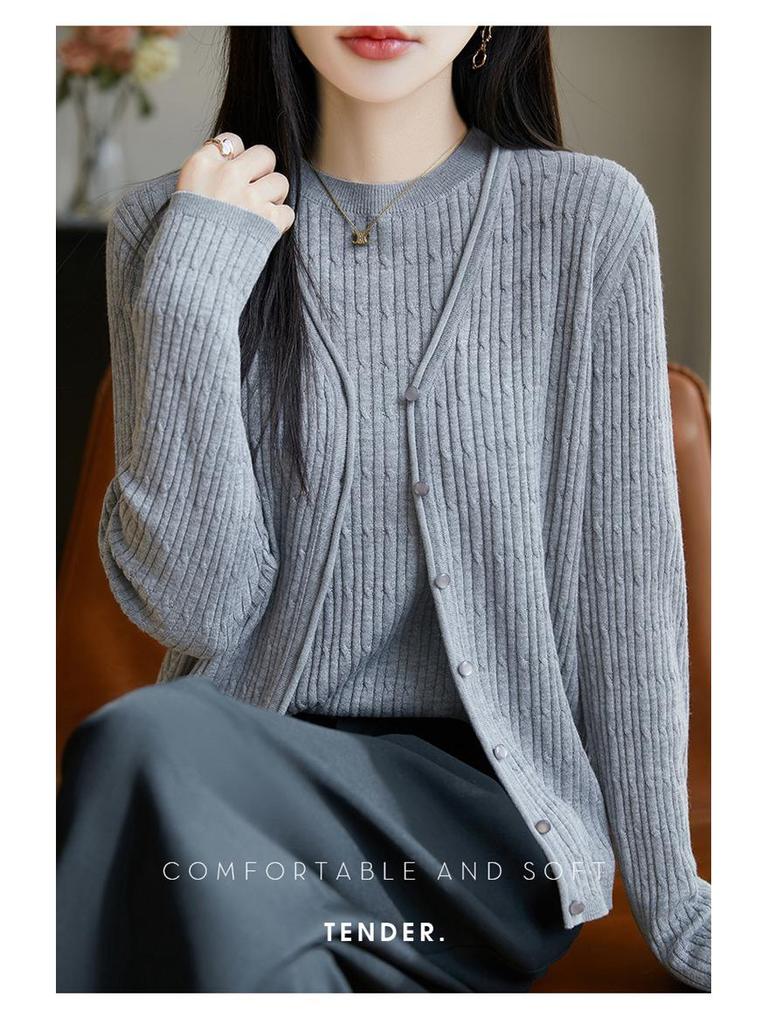 2025 Весна/Лето Женский Шерстяной Шелковый Кардиган Свободной Трикотажи с Длинным Рукавом и V-образным Вырезом