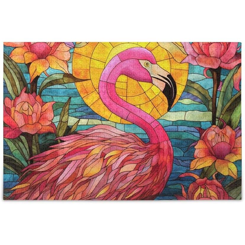Витражный Фламинго Пазл 500 Деталей, Пазл с Мешочком для Хранения и Справочным Изображением Легко Собирать