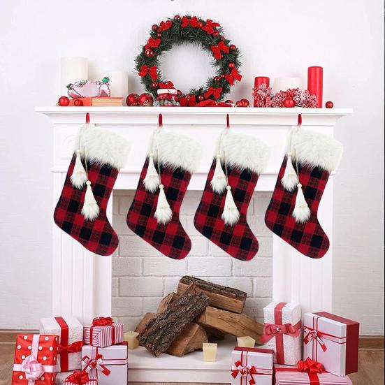 1шт Рождественский чулок Красный Черный Клетчатый Безликий Гном Кисточкой Белый Плюшевый Топ Многоразовый Рождественская Елка Подвесной Носок Подарочный Мешок Подвеска Праздничное Украшение