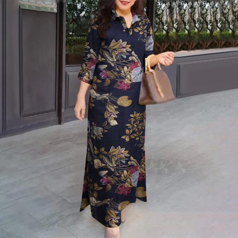 ZANZEA Women Casual Turn Down Collar Loose 3/4 Sleeve Print Long Dress