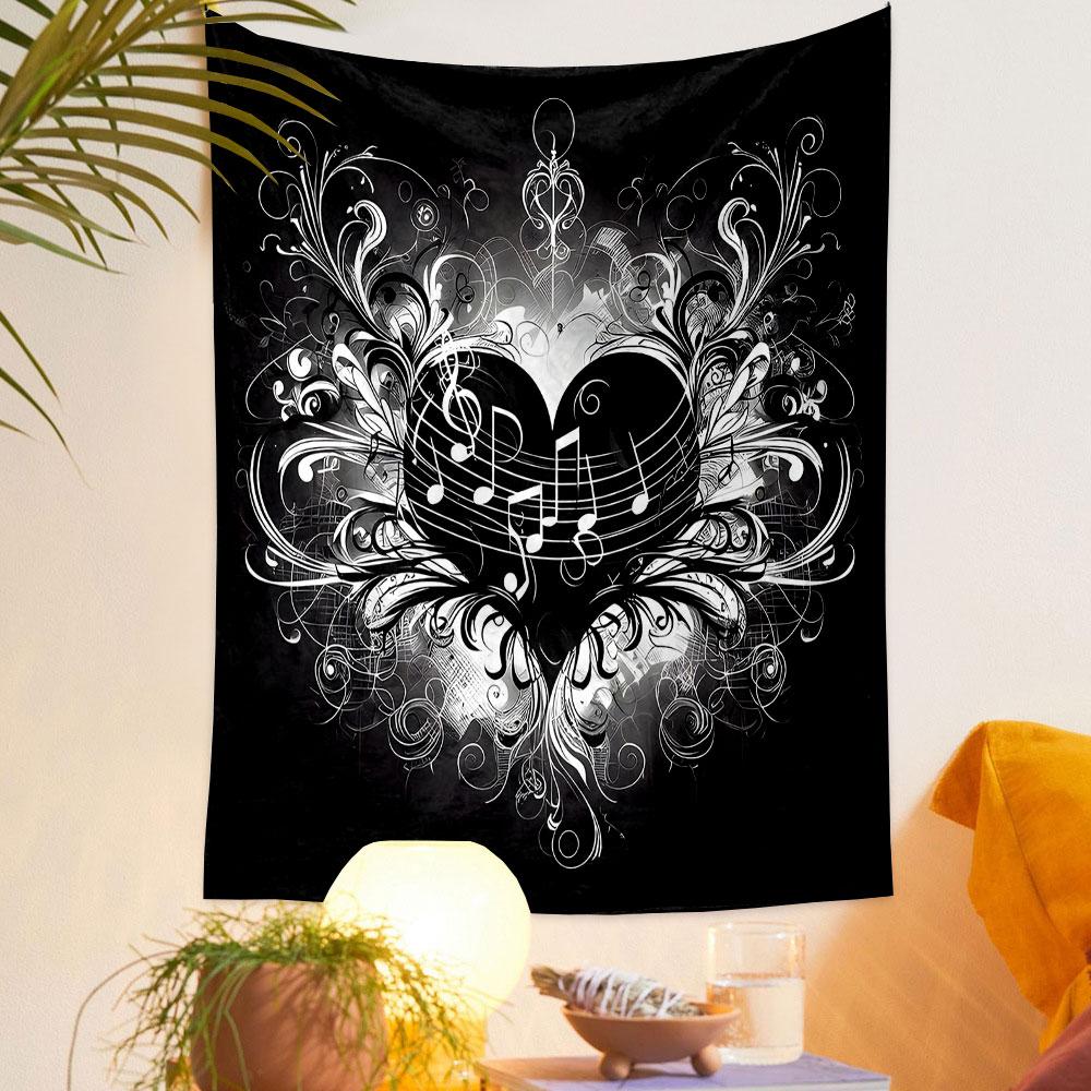 "Elegant Heart with Musical Notes Design" Patterned tapestry home decor, suitable for bedroom and living room, gift