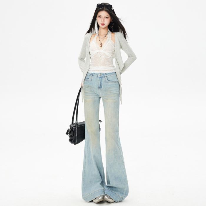 Spring new elastic flared pants Korean Spice Girls retro style women's jeans light blue trousers