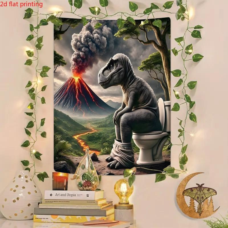 Tyrannosaurus Sitting On The Toilet Funny Tapestry Volcano Background Nonsensical Home Decor Room Decoration