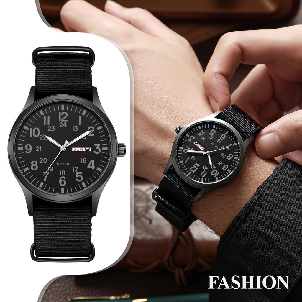 Outdoor Military Watch Analog Display Nylon Quartz Watch with Luminous Day of the Large Green Boyfriend Gift Men's Strap Calendar, Index, Date, Week,