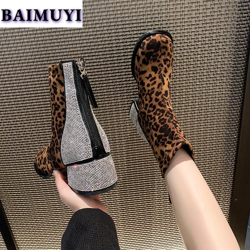 Leopard Crystal Women Snow Ankle Boots Suede Mid Heels Shoes Winter 2025 Luxury Brand Chelsea Boots Fashion Pumps Botas Mujer
