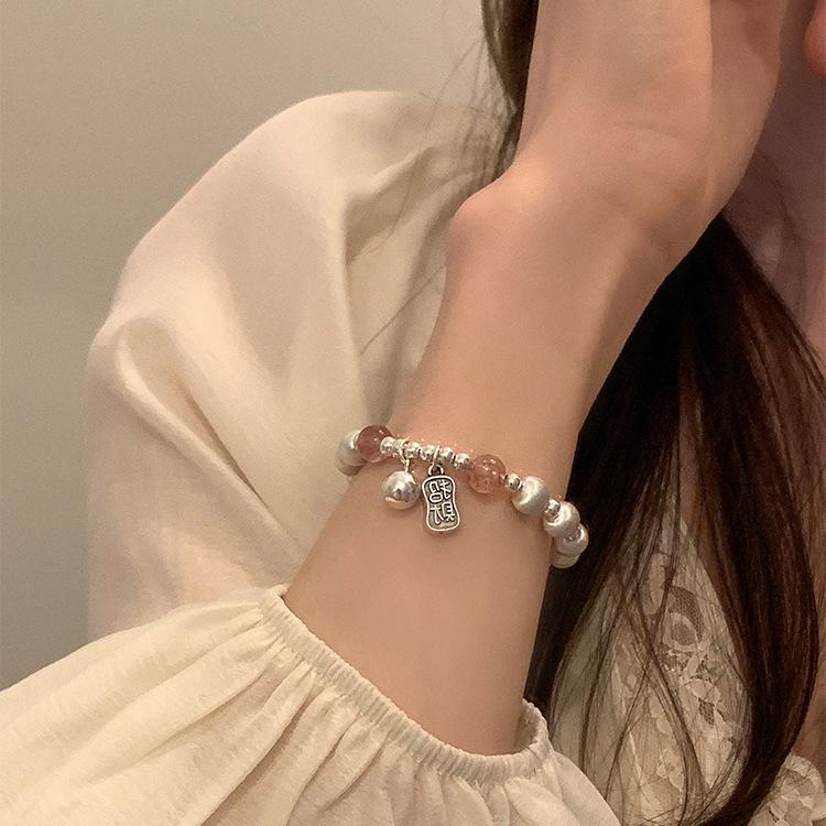 Браслет с предсказанием судьбы из стерлингового серебра S925 с бусиной кошачий глаз и кристаллами клубники, женские украшения в китайском стиле