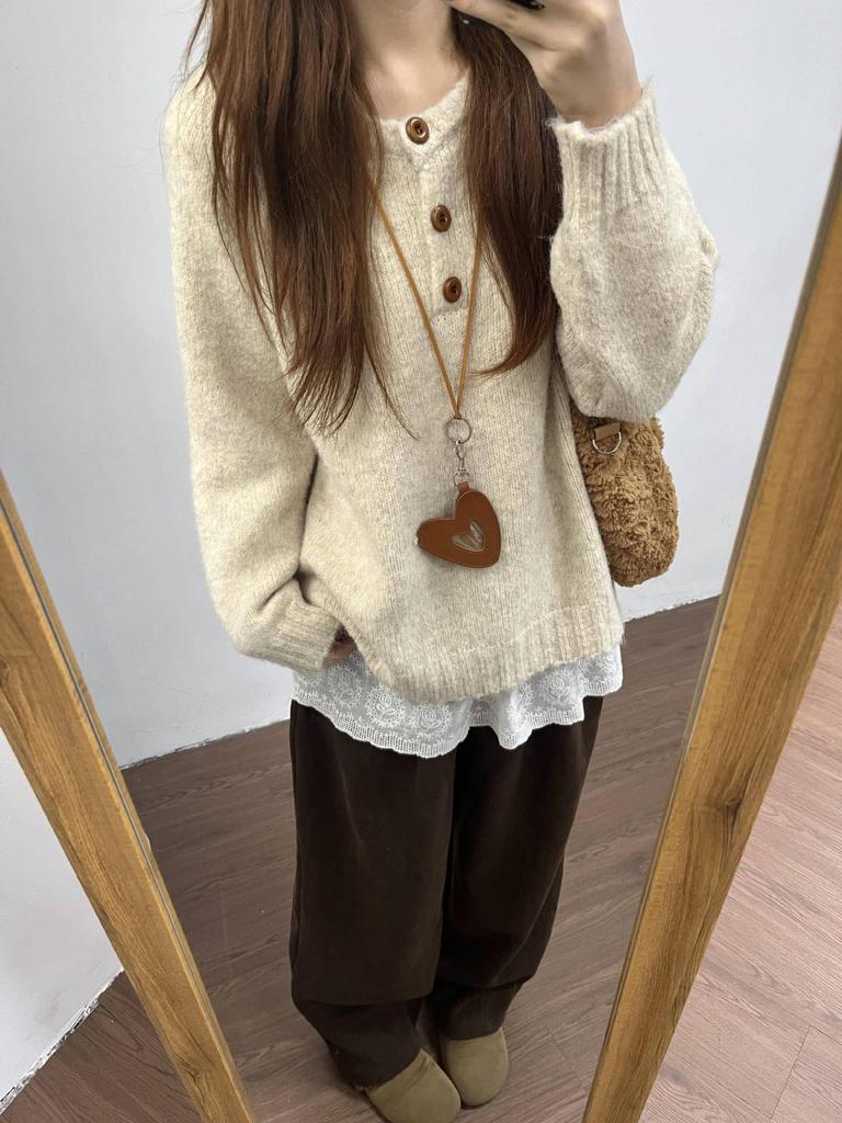 Yellow age-reducing button Henry neck knitted sweater women's autumn and winter plush soft waxy loose backing top
