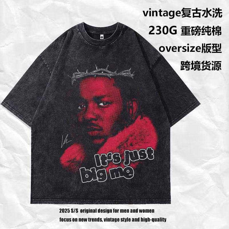 American Hip Hop Rap Portrait Print Men'S Clothing Retro Washed Old Loose Short Sleeve T-Shirt Men And Women