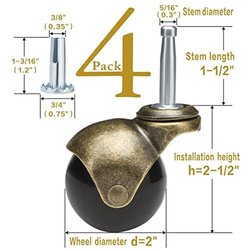2-дюймовые поворотные шариковые ролики на ножке, набор из 4 роликов для антикварной мебели с гнездом, ролики из цельной латуни со ножкой
