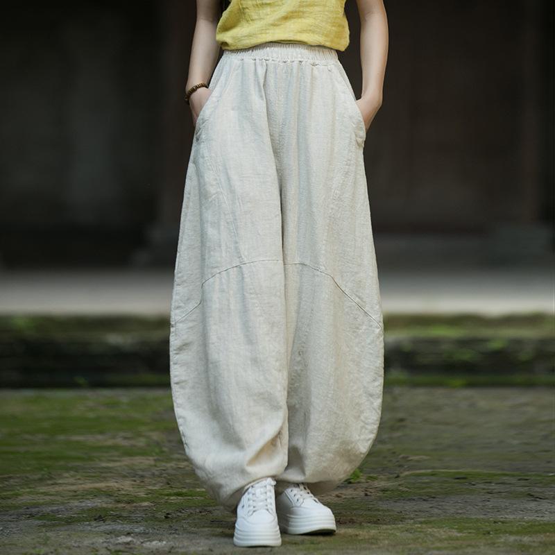 Johnature Женские винтажные шаровары с эластичной талией, осенние однотонные лоскутные свободные длинные брюки