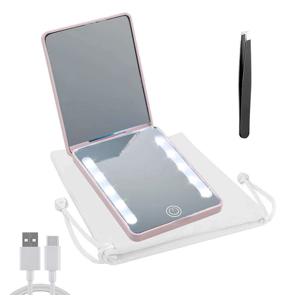 Светодиодное карманное зеркало с 3-кратным увеличением с пинцетом для бровей Мини Ультра, 3 цвета подсветки, сенсорное диммируемое компактное косметическое зеркало