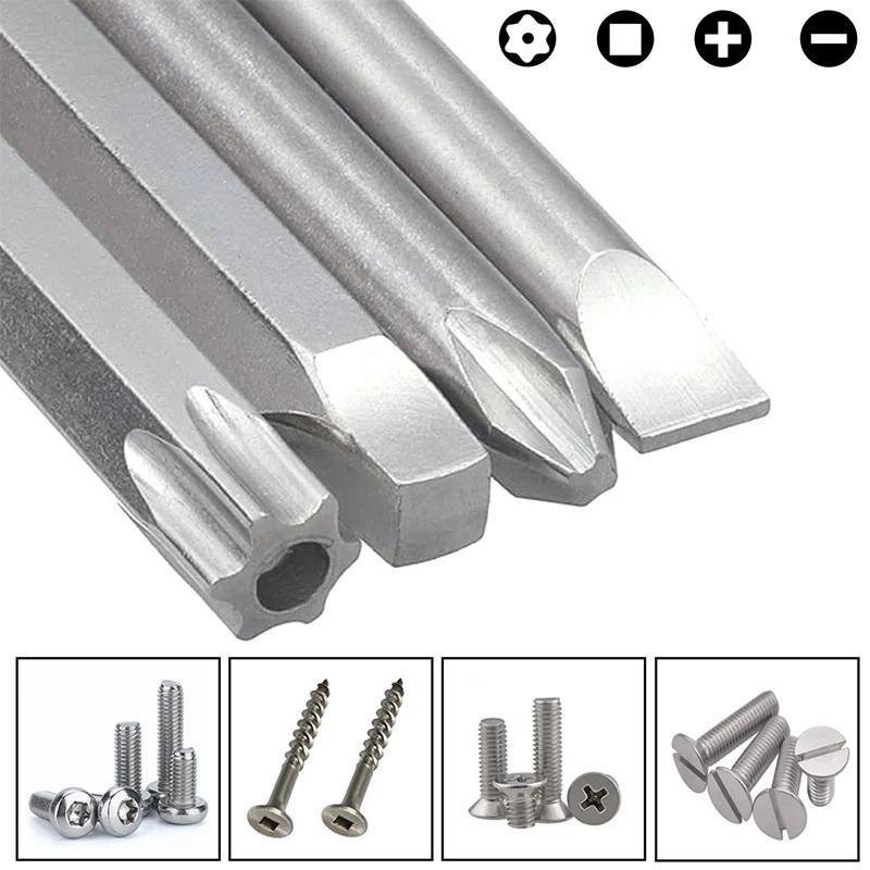 Magnetic Screwdriver Bits Set 100mm Slotted Phillips Torx Square Head Drill Bit 1/4" Hex Shank S2 Steel Screw Driver Hand Tools