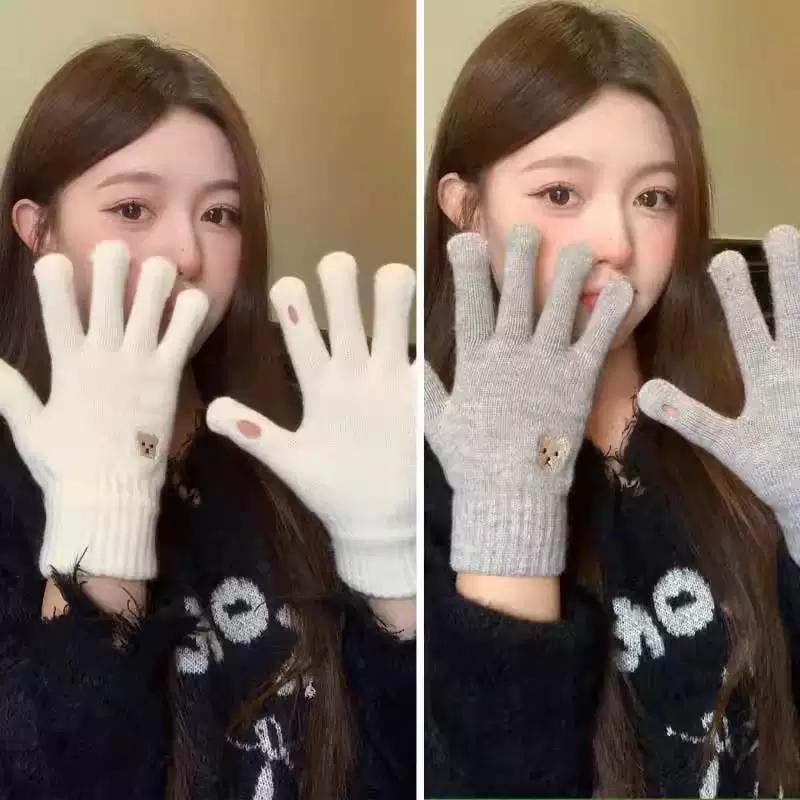 Red Cute Windproof Knitted Wool Gloves for Women, Cotton Warm Anti-Cold Fingerless Touchscreen Gloves for Cold Weather Cycling in Winter