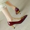 Metal Button Wine Red Pointed Heels for Women Autumn 2024 New French Retro Fine Single Shoes for Women's Shoes Elegant Banquet