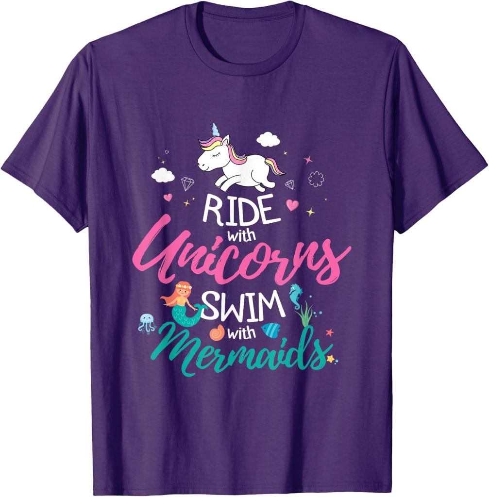 Ride With Unicorns Swim With Mermaids Graphic Tee Casual Short Sleeve Cotton TShirt for Girls