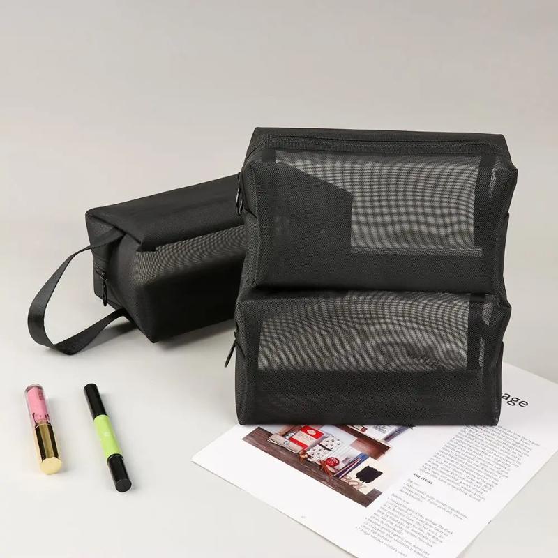 Women Wash Toiletry Bag Makeup Organizer Portable Storage Pouch Travel Black Nylon Mesh Makeup Bag Mesh Cosmetic Bag Zipper Makeup Bag For