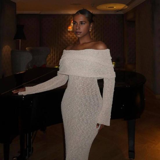 Вязаное платье макси для женщин с длинным рукавом, прозрачное открытое плечо, элегантное длинное платье для вечеринок, пляжа