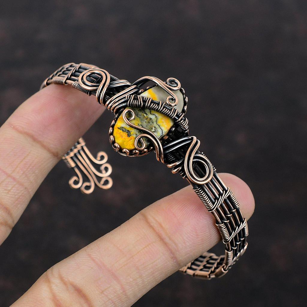 Браслет-манжета из медной яшмы с проволокой, браслет из драгоценного камня, медные ювелирные изделия, регулируемый браслет-манжета, подарок для мамы, браслет ручной работы